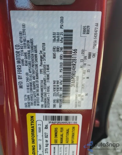 2017 Ford Fusion Titanium Hev из США, поврежденный, VIN 3FA6P0RU4HR281166